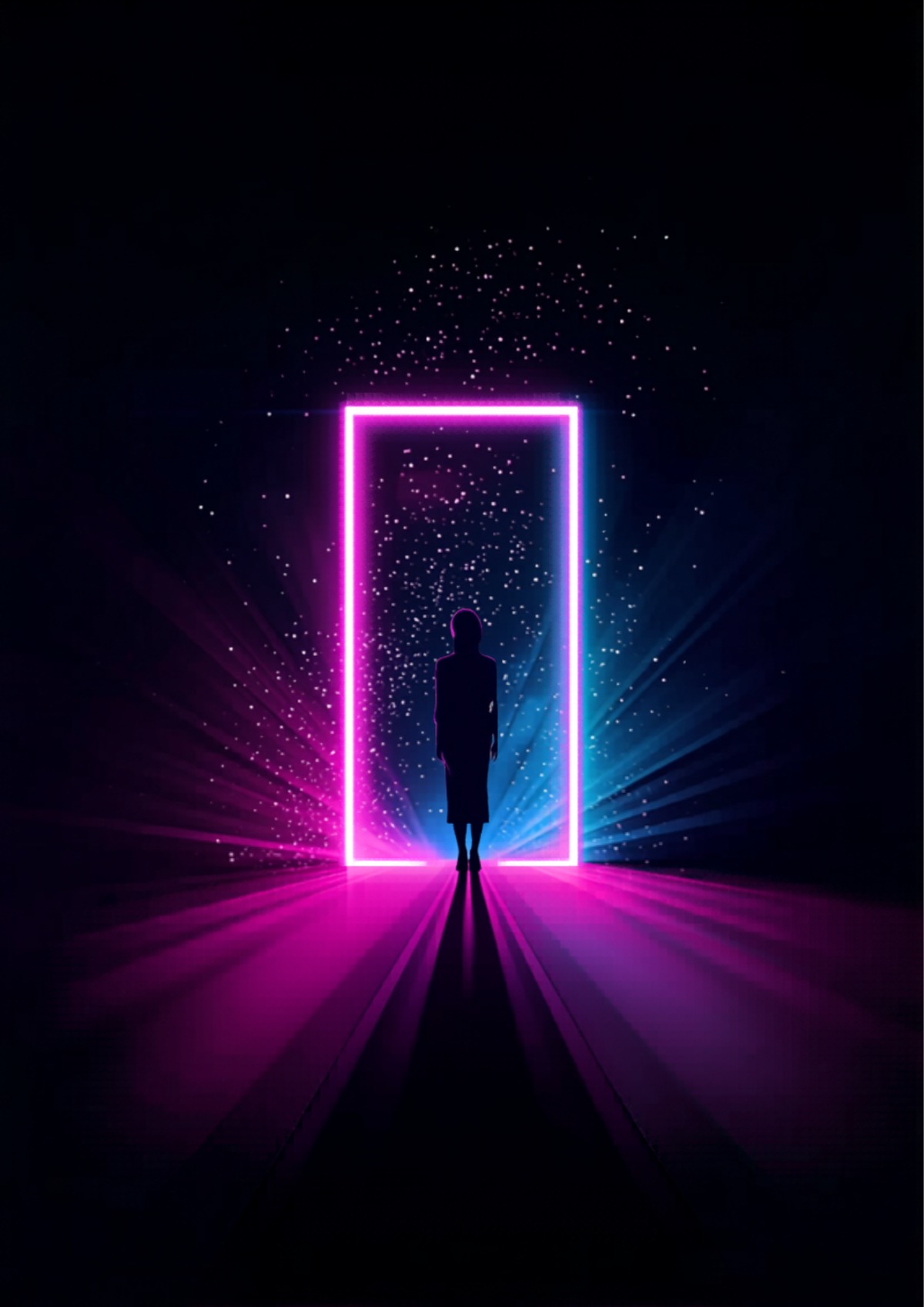 Atmospheric visual representing the author's journey — silhouette before a neon doorway of possibility